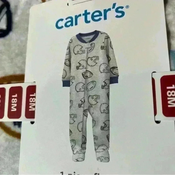 Carter's Baby's Fleece Sleepwear Close Foot Size 18Months 2 Way Zipper Football - Picture 2 of 5